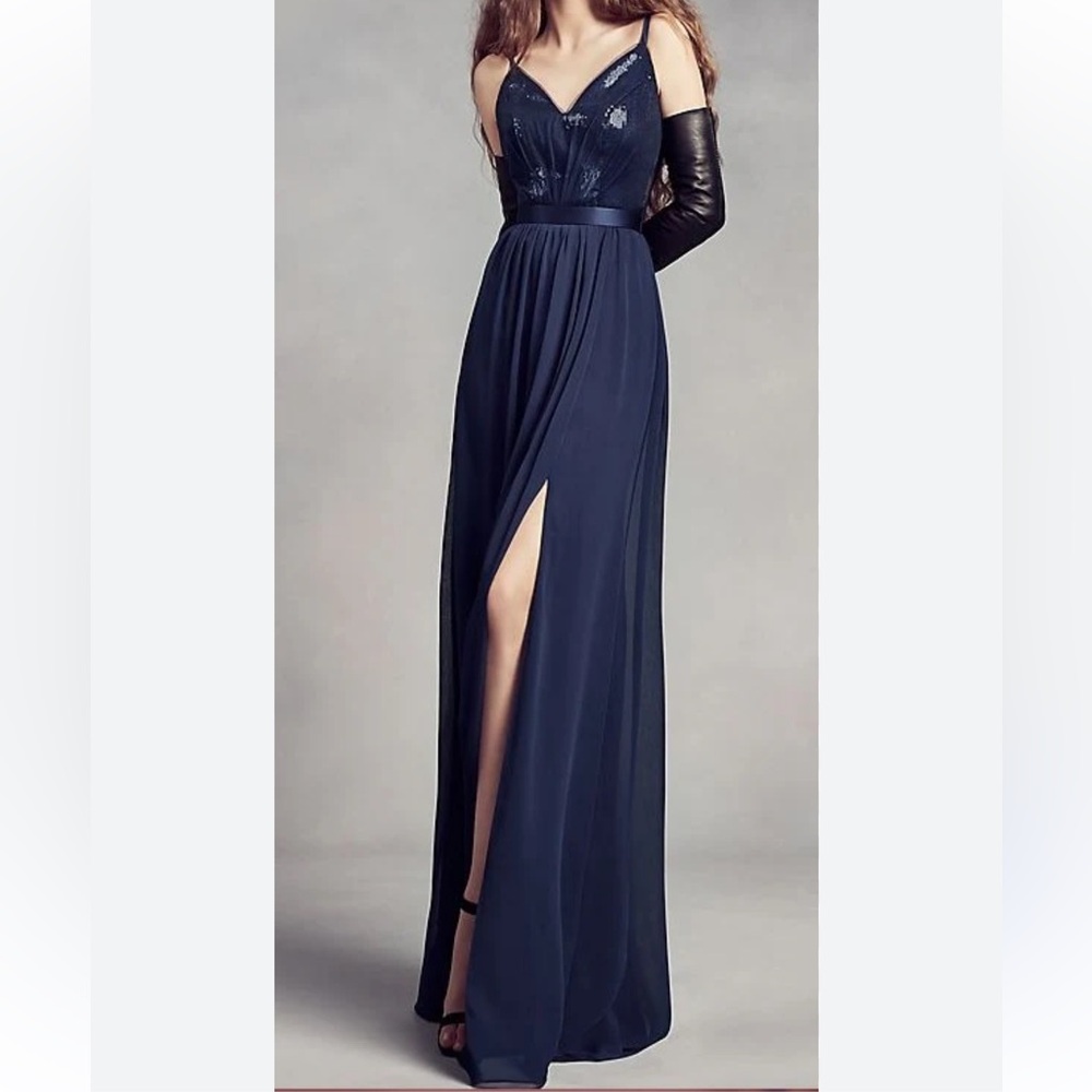 White by Vera Wang Navy Blue Spaghetti Strap Evening Gown with High Slit